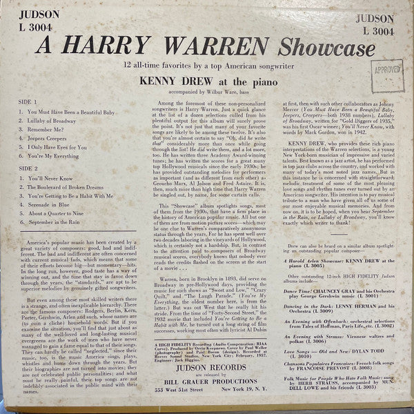 Kenny Drew - A Harry Warren Showcase (LP, Album, Mono)