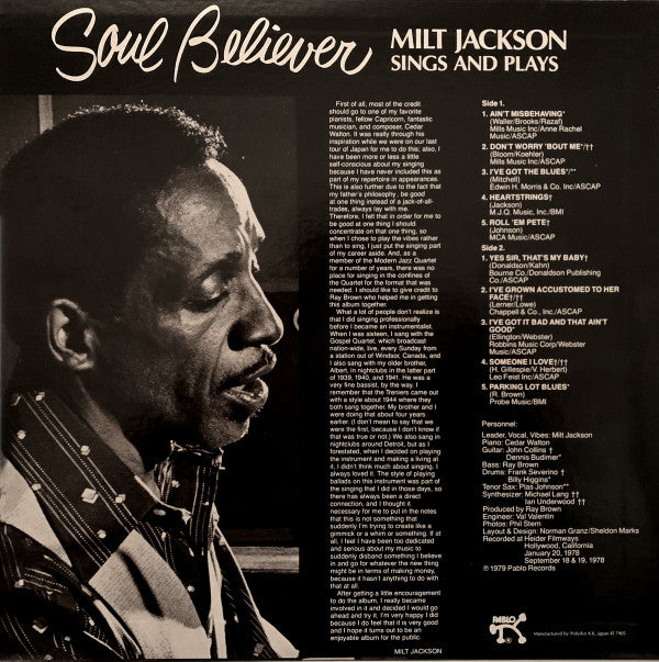 Milt Jackson - Soul Believer Milt Jackson Sings And Plays (LP, Album)