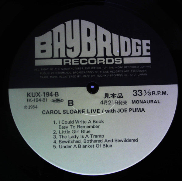 Carol Sloane with Joe Puma - Carol Sloane Live (LP, Promo)