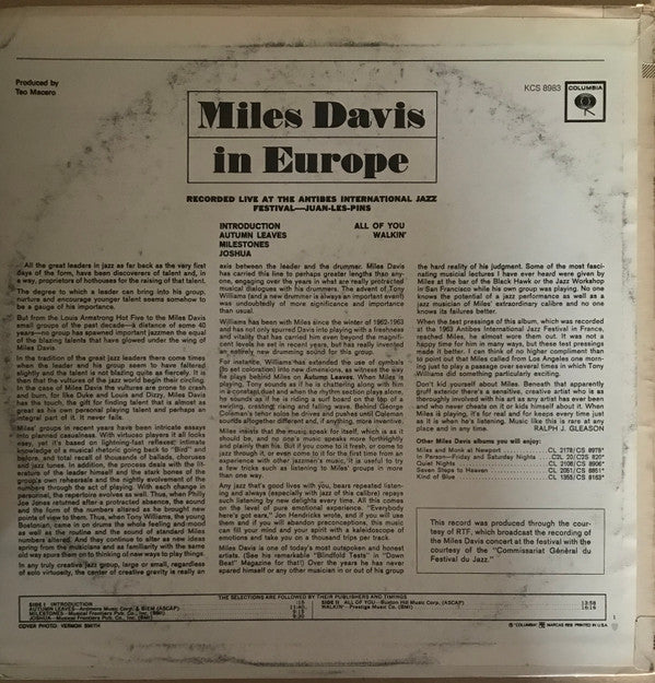 Miles Davis - Miles Davis In Europe (LP, Album, RE, Ter)