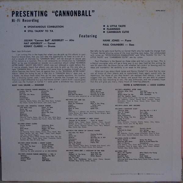 Cannonball Adderley - Presenting ""Cannonball"" (LP, Album, Mono, RE)