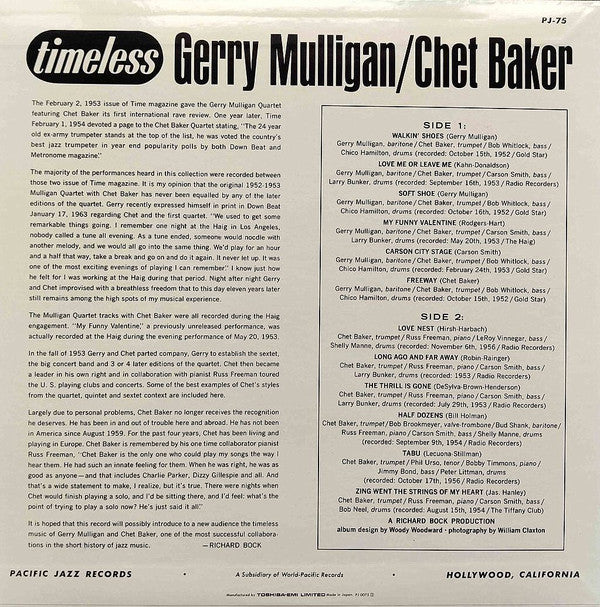 Gerry Mulligan & Chet Baker - Timeless (LP, Comp, Mono)