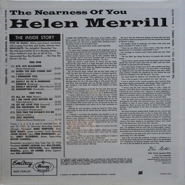 Helen Merrill - The Nearness Of You (LP, Album, Mono)
