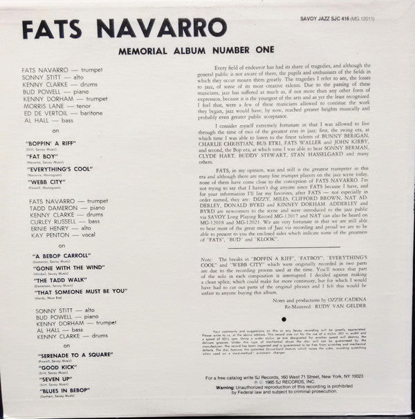 Fats Navarro - Fats Bud-Klook-Sonny-Kinney (Memorial Album Number O...
