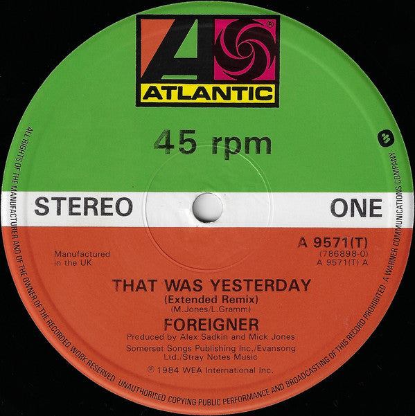 Foreigner - That Was Yesterday (12"", Single)