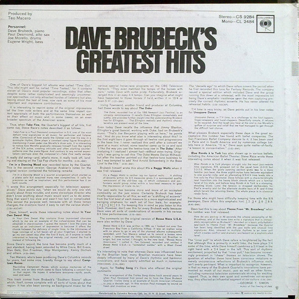 Dave Brubeck - Dave Brubeck's Greatest Hits (LP, Comp, RE)