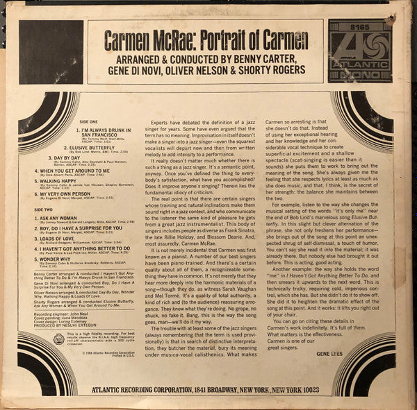 Carmen McRae - Portrait Of Carmen (LP, Album, Mono, Col)