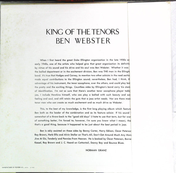 Ben Webster - King Of The Tenors (LP, Album, Mono, RE)