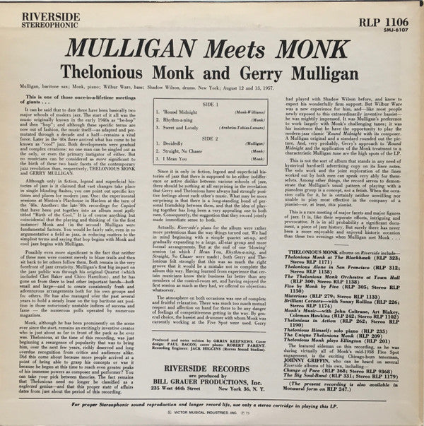 Thelonious Monk - Mulligan Meets Monk(LP, Album, RE)