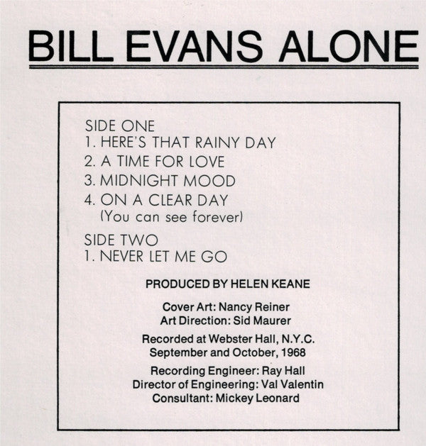 Bill Evans - Alone (LP, Album, RE)