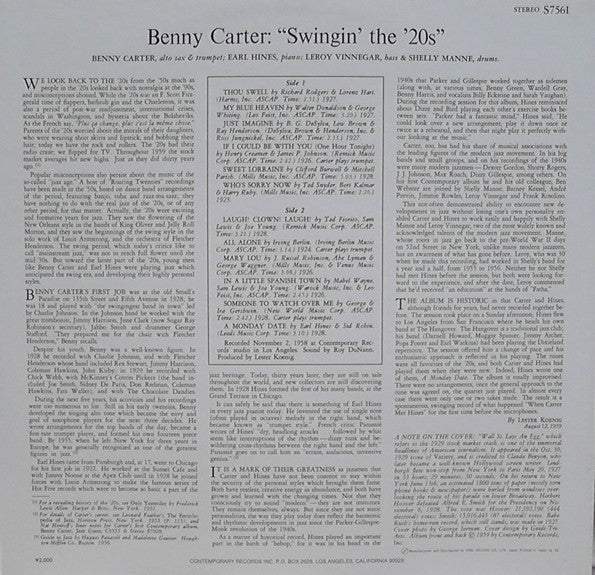 The Benny Carter Quartet - Swingin' The '20s (LP, Album, RE)