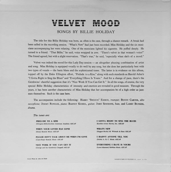 Billie Holiday - Velvet Mood (LP, Album, Mono, RE)