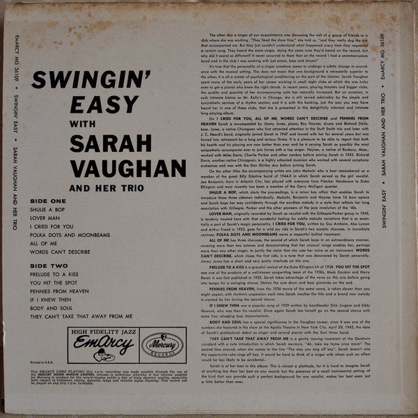 Sarah Vaughan And Her Trio - Swingin' Easy (LP, Album, Mono, RE)
