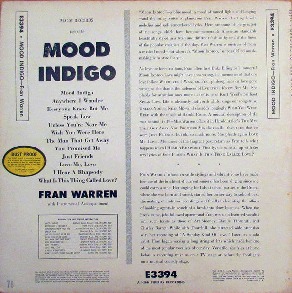 Fran Warren - Mood Indigo (LP, Album, Mono)