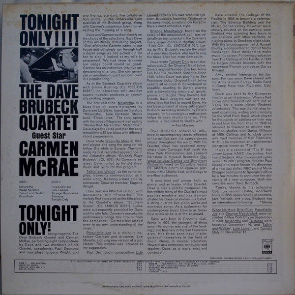 The Dave Brubeck Quartet, Carmen McRae - Tonight Only! (LP, Album)