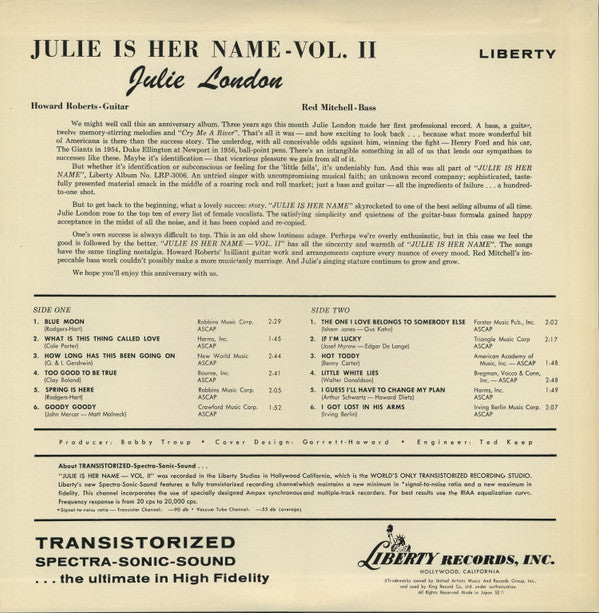 Julie London - Julie Is Her Name Volume Il (LP, Album, RE)