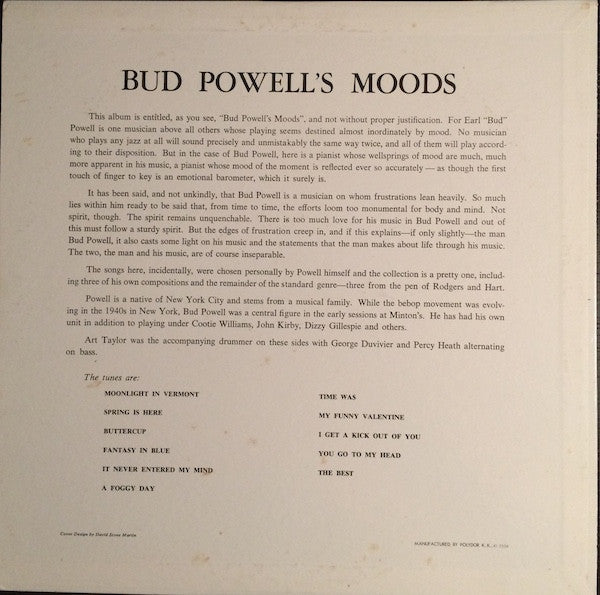 Bud Powell - Bud Powell's Moods (LP, Album, Mono, RE)