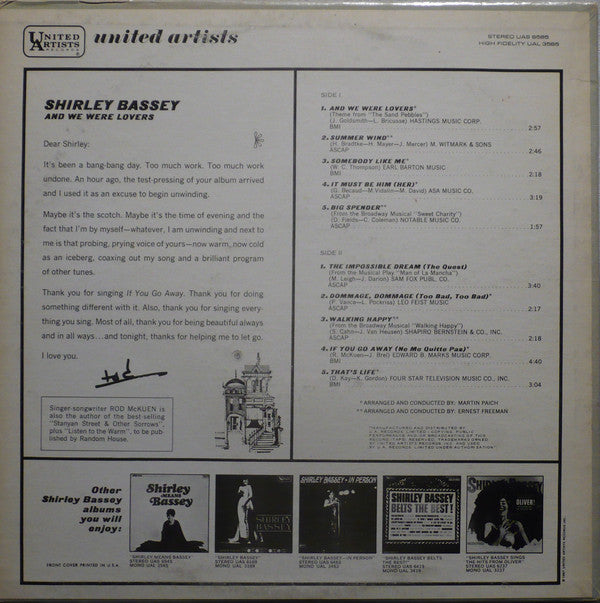 Shirley Bassey - And We Were Lovers (LP, Album, RE)