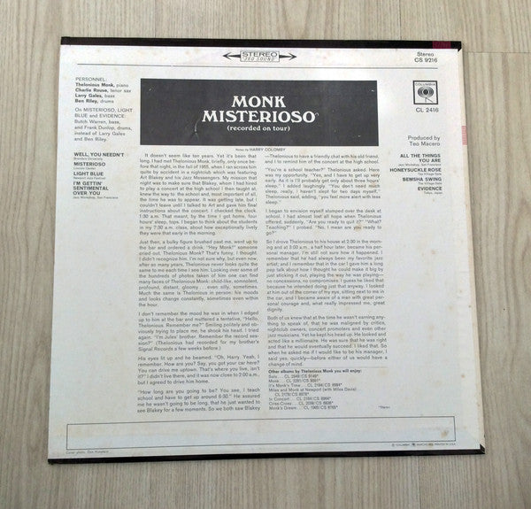 Thelonious Monk - Misterioso (Recorded On Tour) (LP, Album, RE)