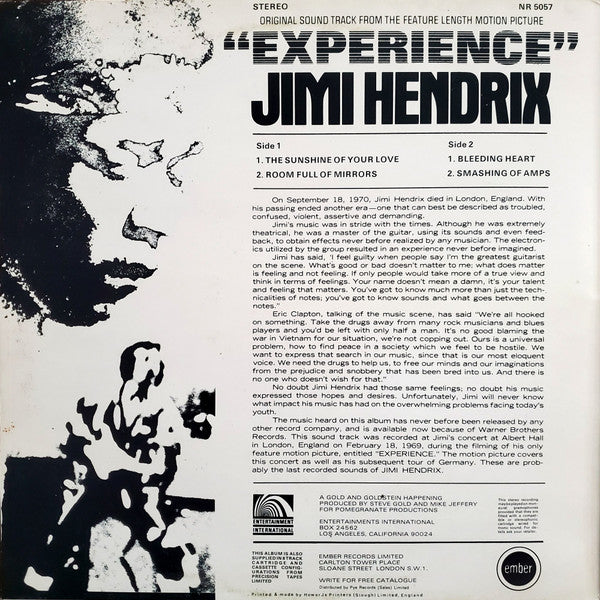 Jimi Hendrix - Original Sound Track 'Experience' (LP, Album, Gat)