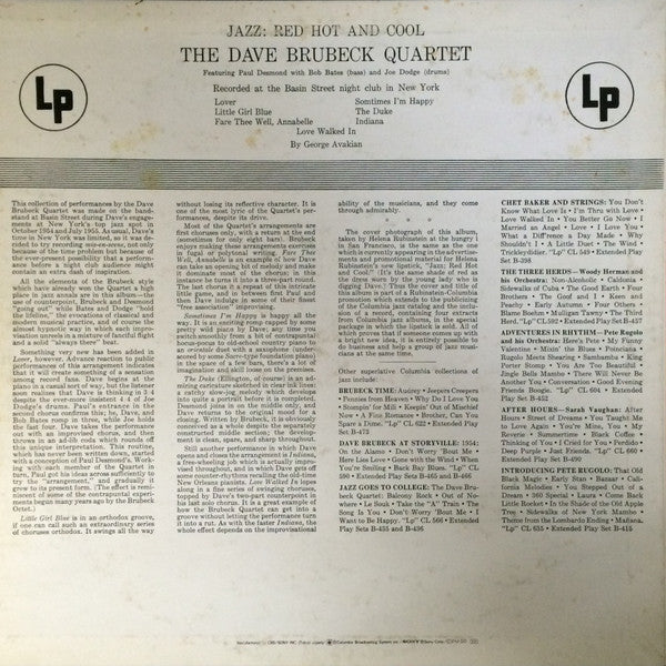 The Dave Brubeck Quartet - Jazz: Red Hot And Cool (LP, Album, Mono)