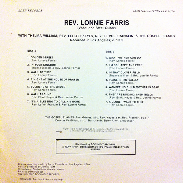 Reverend Lonnie Farris - Rev. Lonnie Farris(LP, Comp, Mono, Ltd, RE...