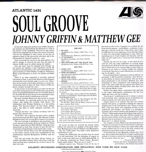 Johnny Griffin & Matthew Gee - Soul Groove (LP, Album, RE)