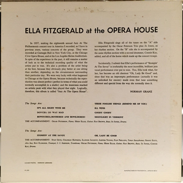 Ella Fitzgerald - Ella Fitzgerald At The Opera House(LP, Album, Mon...