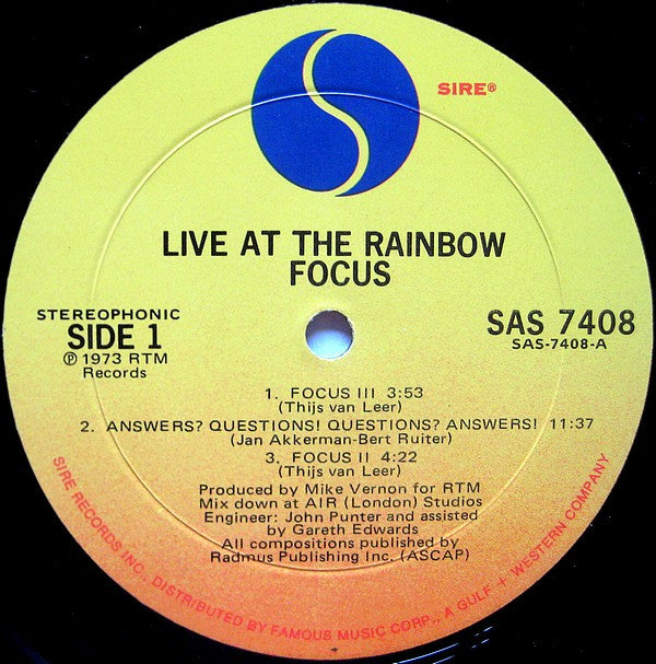 Focus (2) - Live At The Rainbow (LP, Album, Mon)