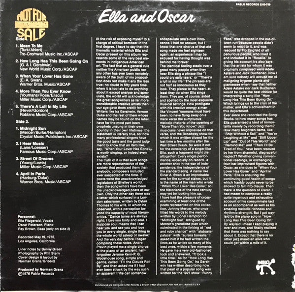 Ella Fitzgerald & Oscar Peterson - Ella And Oscar (LP, Album, Ind)