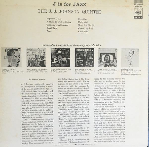 The J.J. Johnson Quintet - J Is For Jazz (LP, Album, Mono, RE)
