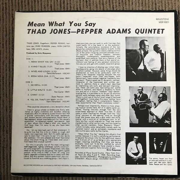 Thad Jones / Pepper Adams Quintet - Mean What You Say (LP, Album, RE)