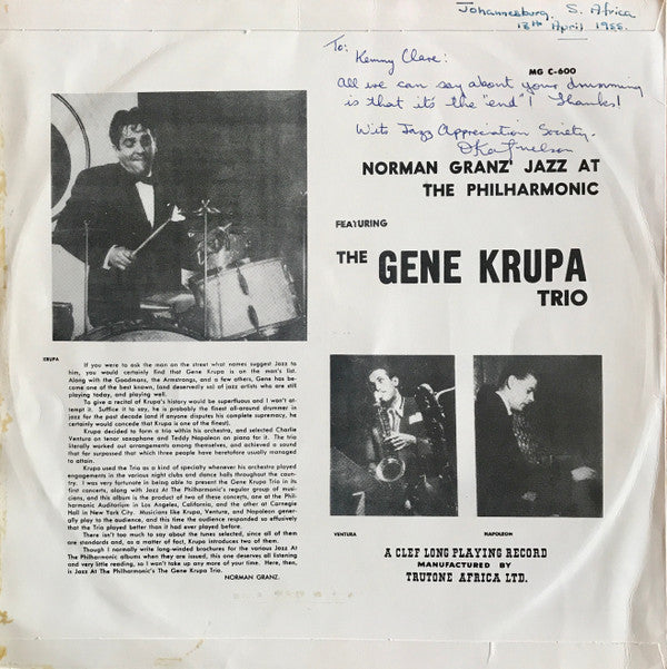 The Gene Krupa Trio* - At Jazz At The Philharmonic (LP)