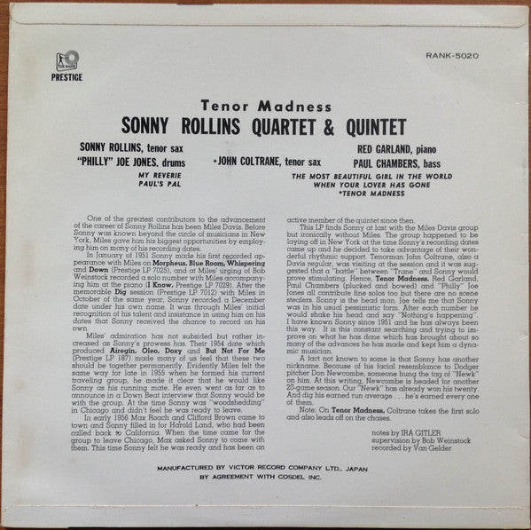 Sonny Rollins Quartet - Tenor Madness (LP, Album, Mono)