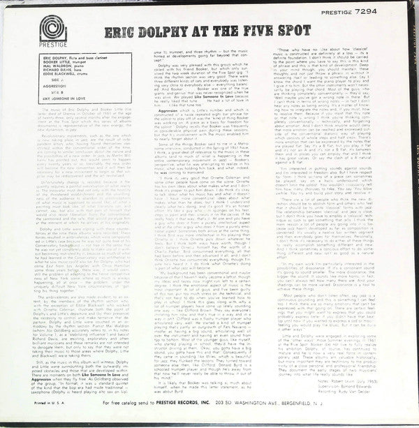 Eric Dolphy - At The Five Spot Volume 2 (LP, Album, RP)