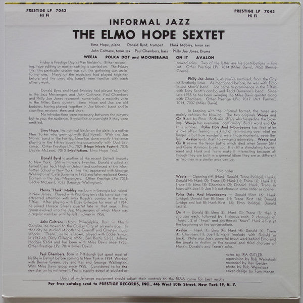 Elmo Hope Sextet : Informal Jazz (LP, Album, Mono, RE)