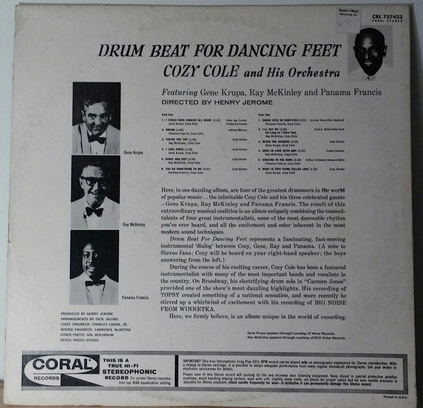 Cozy Cole And His Orchestra* Featuring Gene Krupa, Ray McKinley, Panama Francis : Drum Beat For Dancing Feet (LP, Album)