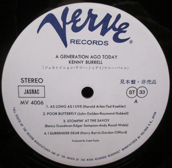 Kenny Burrell : A Generation Ago Today (LP, Album, Promo, RE)