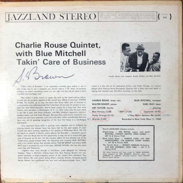 Charlie Rouse Quintet : Takin' Care Of Business (LP, RE)