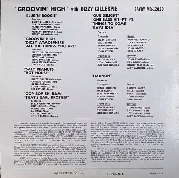 Dizzy Gillespie : Groovin' High (LP, Comp, Mono, RE)