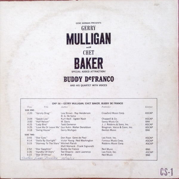 Gerry Mulligan With Chet Baker Special Added Attraction! Buddy DeFranco And His Quartet* With Voices* : Gerry Mulligan With Chet Baker Special Added Attraction! Buddy DeFranco And His Quartet With Voices (LP, Comp, RE)