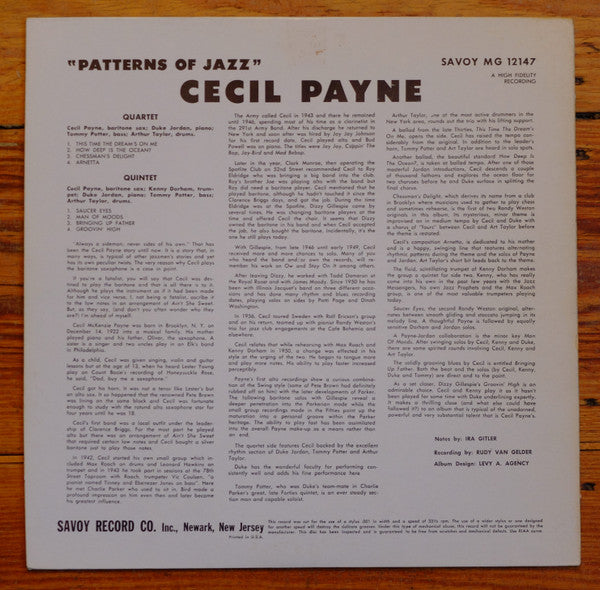 Cecil Payne : Patterns Of Jazz (LP, Album, RE, dee)