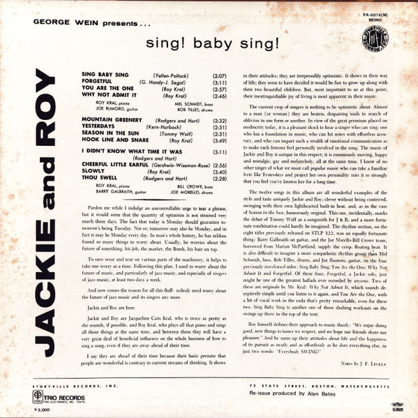 Jackie & Roy : Sing! Baby Sing! (LP, Album, Mono, RE)