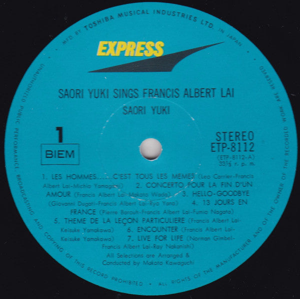 Saori Yuki : Saori Yuki Sings Francis Lai (LP, Album, Gat)