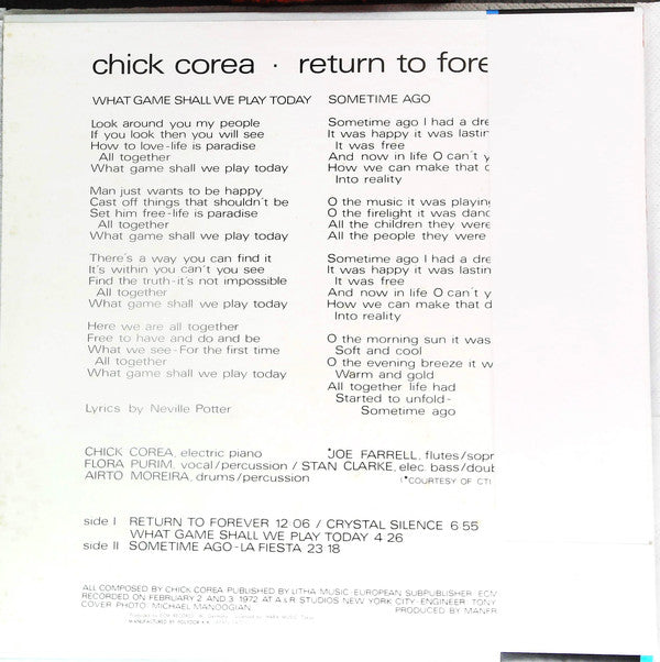 Chick Corea : Return To Forever (LP, Album, RE)