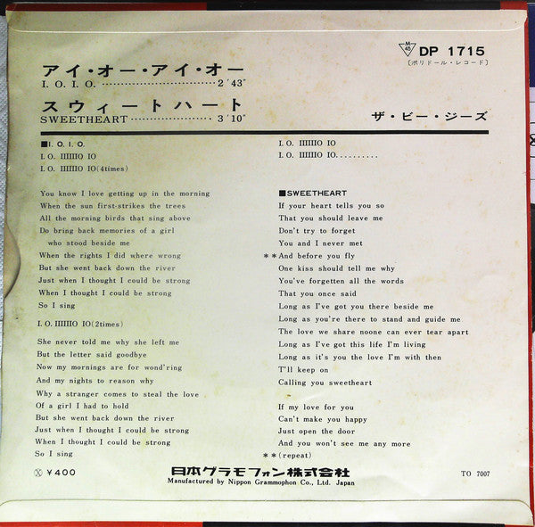 The Bee Gees* : I.O.I.O. / Sweetheart (7", Single, Mono)