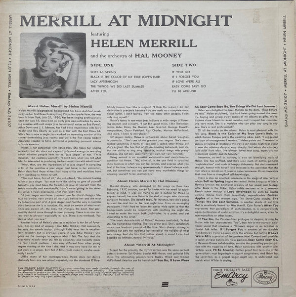 Helen Merrill With Hal Mooney And His Orchestra : Merrill At Midnight (LP, Album, Mono)