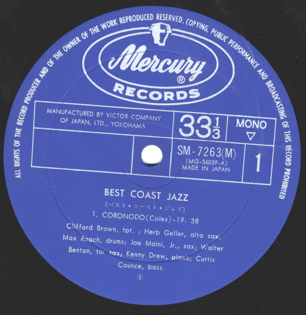 Max Roach, Herb Geller, Walter Benton, Joe Maini, Clifford Brown : Best Coast Jazz (LP, Album, Mono, RE)