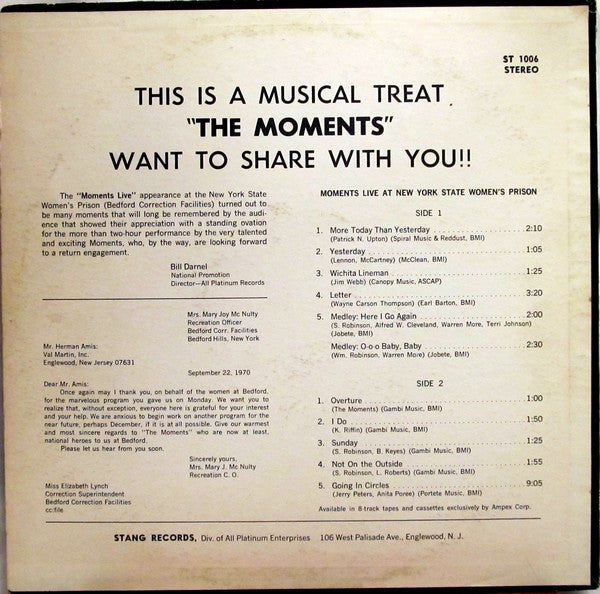 The Moments : Live At The New York State Womans Prison (LP, Album)