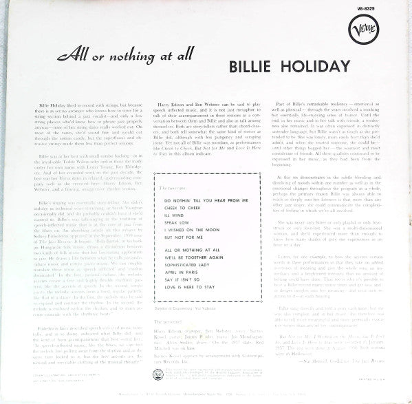 Billie Holiday : All Or Nothing At All (LP, Album, RE)